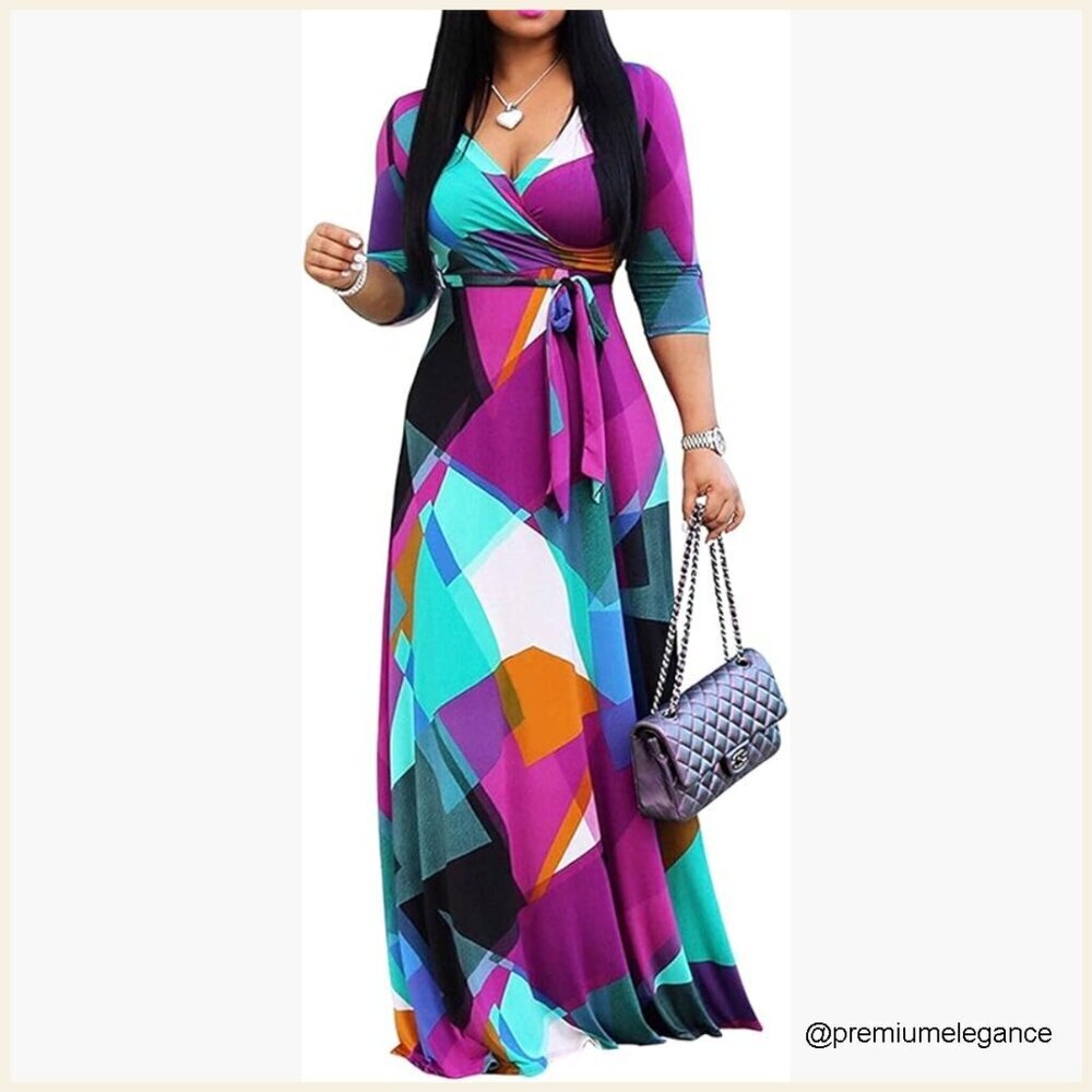 Plus Size Maxi Dress V-Neck 3/4 Sleeve Summer Casual Sundress